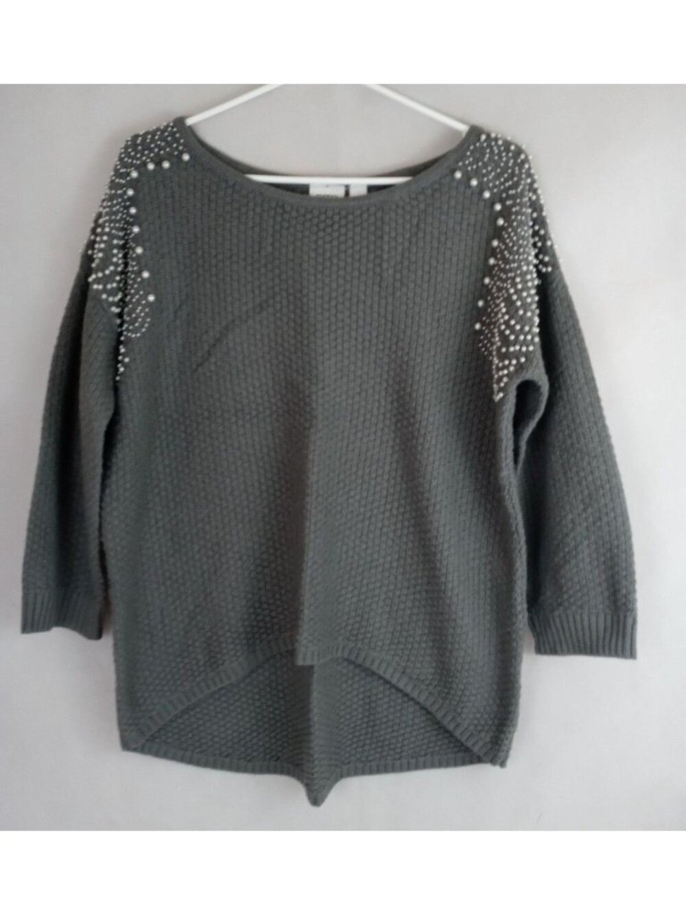 Cato Women's Gray Sweater With Faux Pearls On Shoulders Size Large